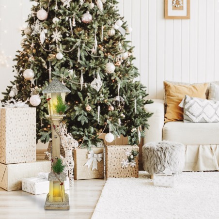 Lampione Di Natale 293021 In Legno Glitter Oro Lanterna H85 Cm 15 Led Luce Calda