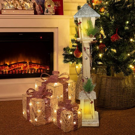 Lampione Di Natale 293021 In Legno Glitter Oro Lanterna H85 Cm 15 Led Luce Calda