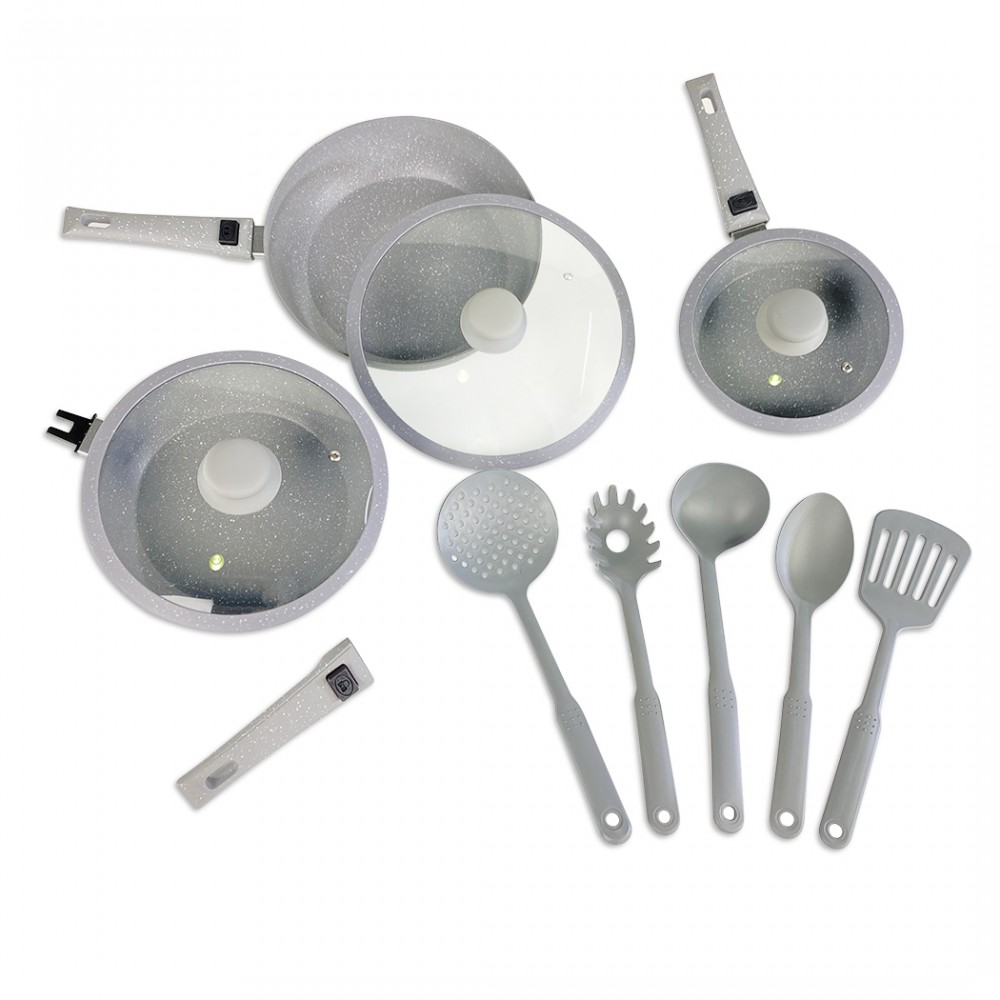 DGBAVARIA set padelle 14pz 20-24-28 cm 255029 GRIGIO manici rimovibili e mestoli