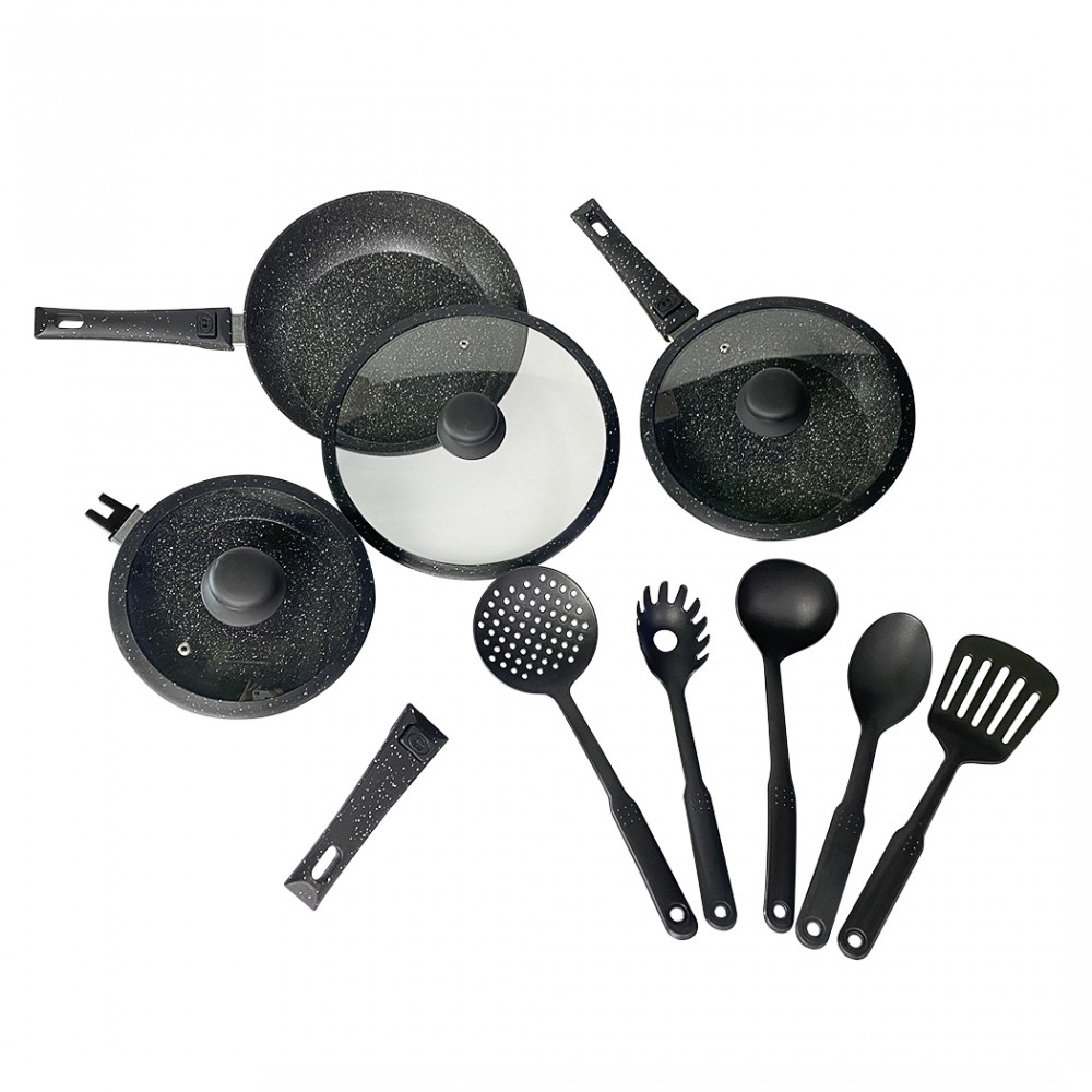 DGBAVARIA set padelle 14pz 20-24-28 cm 255027 NERO manici rimovibili e mestoli