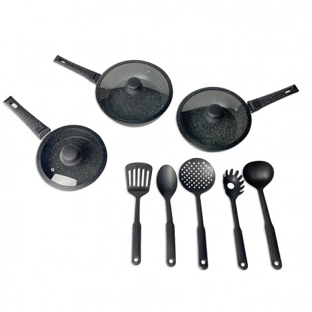 DGBAVARIA set padelle 14pz 20-24-28 cm 255027 NERO manici rimovibili e mestoli