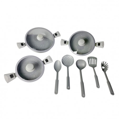 DGBAVARIA set tegami 17pz 20-24-28 cm 255030 GRIGIO manici rimovibili e mestoli