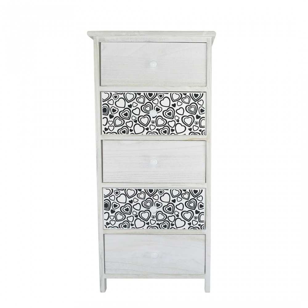 Mobiletto in legno BIANCO manico a forma di cuore 398007 5 cassetti 40x29xH90 cm