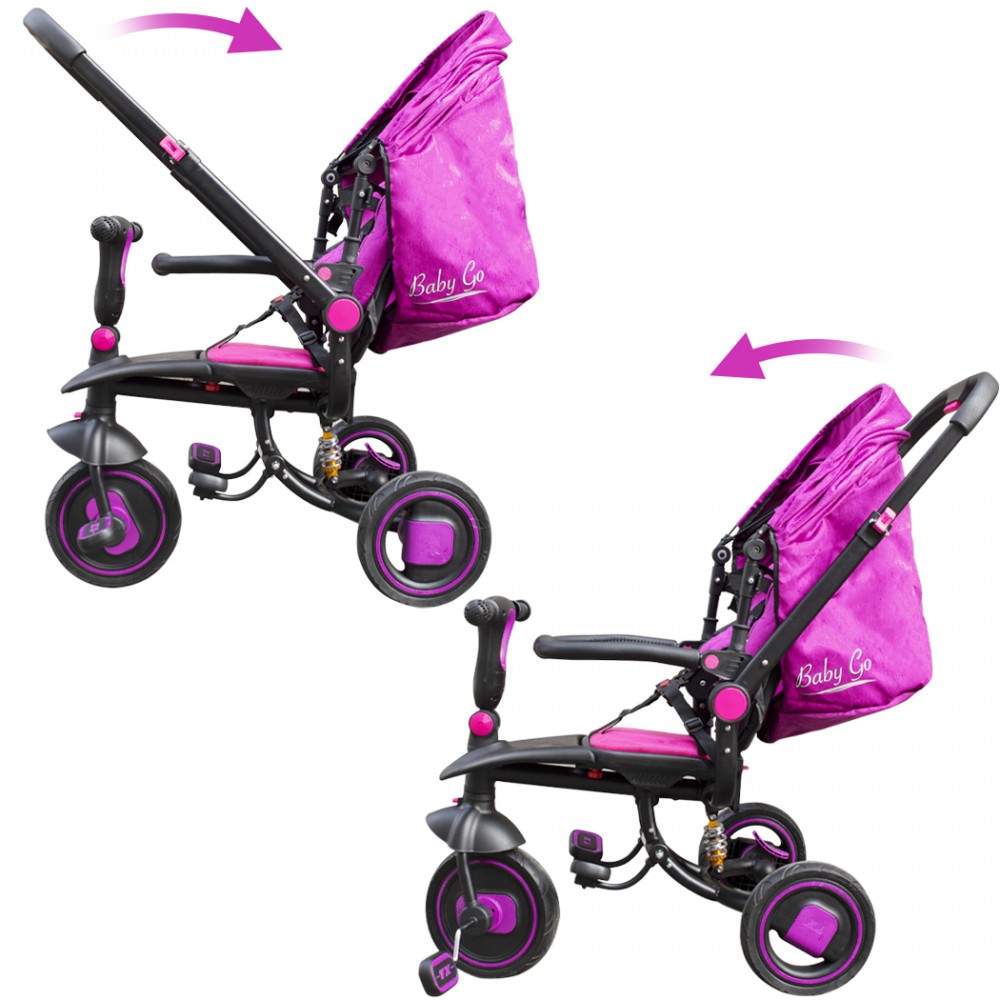 Image of Triciclo modulare Reversibile BabyGo con sedile in pelle luci suoni fronte mamma Fucsia