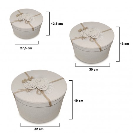 Set 3 scatole regalo rotonde in juta 191010 con decorazione fiori 32-30-28 cm