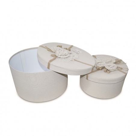 Set 3 scatole regalo rotonde in juta 191010 con decorazione fiori 32-30-28 cm