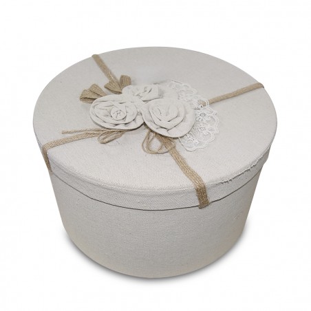 Set 3 scatole regalo rotonde in juta 191010 con decorazione fiori 32-30-28 cm
