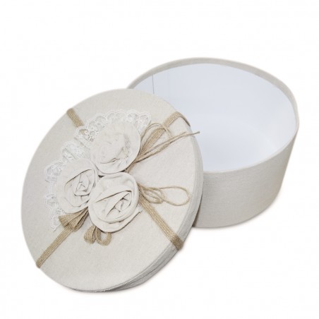 Set 3 scatole regalo rotonde in juta 191010 con decorazione fiori 32-30-28 cm