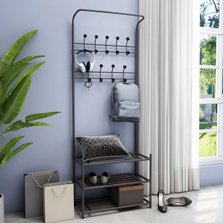 Stand Appendiabiti NERO con scarpiera per corridoio 3 ripiani 65x29xH190 cm