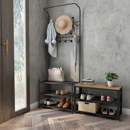 Stand Appendiabiti NERO con scarpiera per corridoio 3 ripiani 65x29xH190 cm