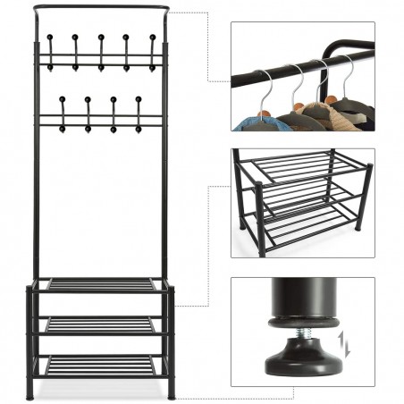 Stand Appendiabiti NERO con scarpiera per corridoio 3 ripiani 65x29xH190 cm