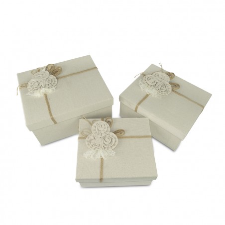 Set da 3 scatole regalo rettangolari in juta art. 191006 decorazione fiori