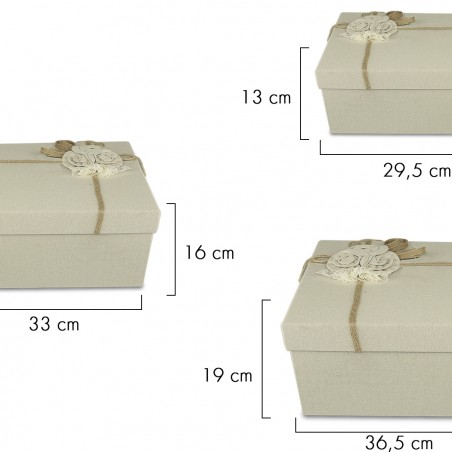 Set da 3 scatole regalo rettangolari in juta art. 191006 decorazione fiori