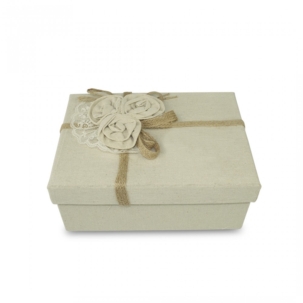 Scatolo regalo rettangolare in juta Beige art. 191005 con decorazione fiori