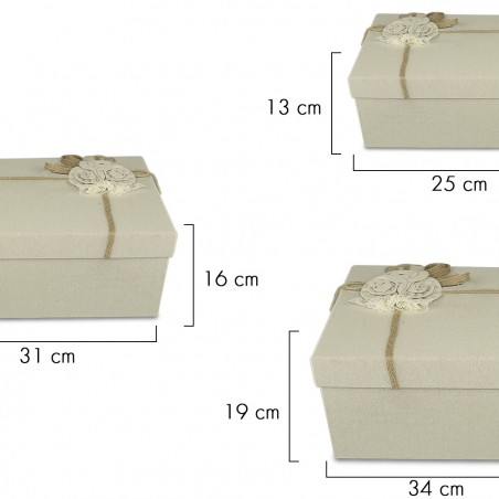 Set da 3 scatole regalo quadrate in juta art. 191008 con decorazione fiori