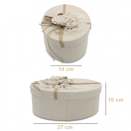 Scatolo regalo ovale in juta Beige 191004 con decorazione fiori 27x14xH10 cm