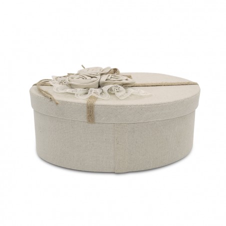 Scatolo regalo ovale in juta Beige 191004 con decorazione fiori 27x14xH10 cm