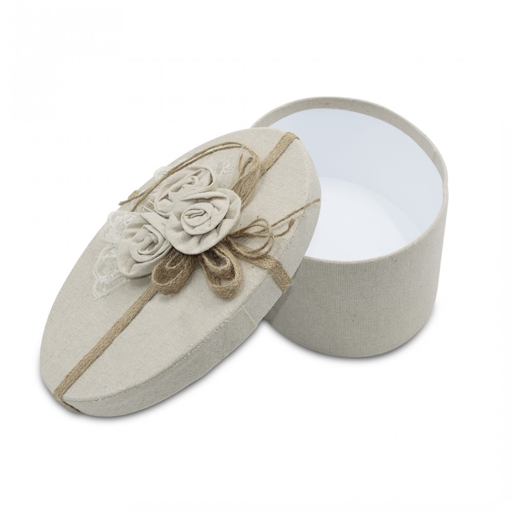 Scatolo regalo ovale in juta Beige 191004 con decorazione fiori 27x14xH10 cm