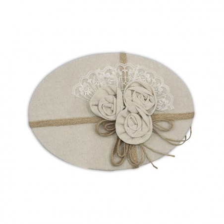 Scatolo regalo ovale in juta Beige 191004 con decorazione fiori 27x14xH10 cm