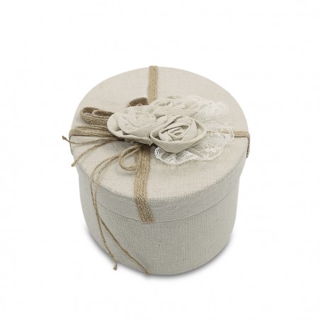 Scatolo regalo ovale in juta Beige 191004 con decorazione fiori 27x14xH10 cm