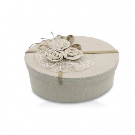 Scatolo regalo ovale in juta Beige 191004 con decorazione fiori 27x14xH10 cm