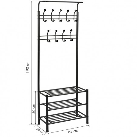 Stand Appendiabiti NERO con scarpiera per corridoio 3 ripiani 65x29xH190 cm