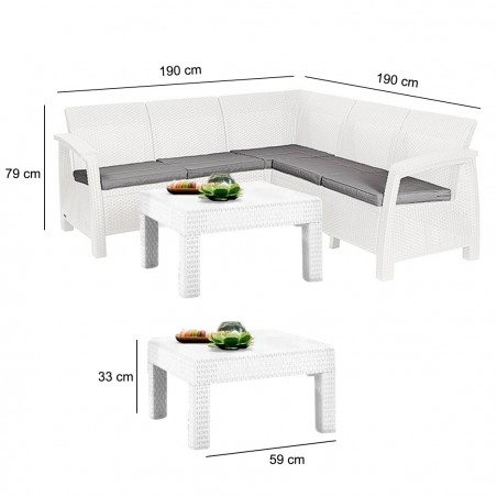 Salotto resina da giardino Corfu' ad angolo con tavolino BIANCO 190x190xH79 cm