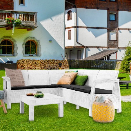 Salotto resina da giardino Corfu' ad angolo con tavolino BIANCO 190x190xH79 cm
