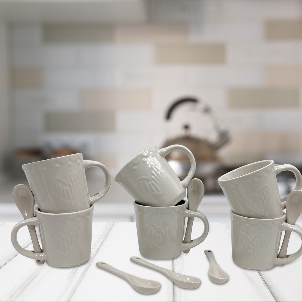 Tortora Mediawave Store Servizio da Caffè Linea Felicia Ceramica Lucida con Pois a Cuore Set di 6 Tazze da Caffè e 6 Cucchiaini 