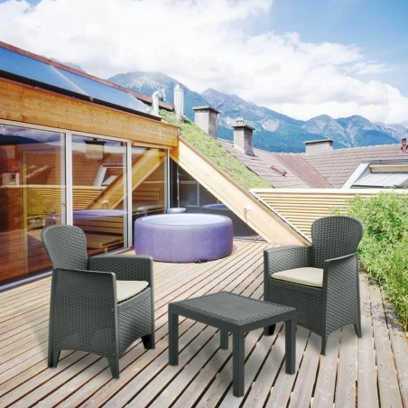 Salottino per Interno ed Esterno AKITA Grigio polyrattan 2 poltrone e Tavolino