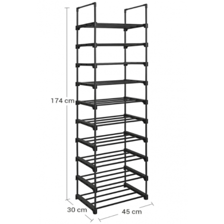 Scaffale 10 Ripiani Modulabile Nero Portascarpe Tubi Metallo Mensole Impilabili