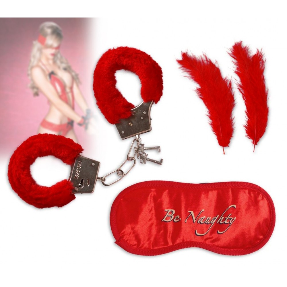 Set di 3 accessori sexy gioco bondage sadomaso rosso con manette e mascherina 