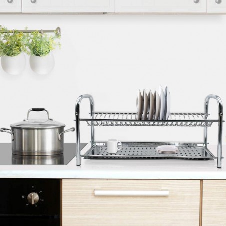 Scolapiatti Fisso da Appoggio in Acciaio Inox 80cm con Vaschetta Raccogli Gocce