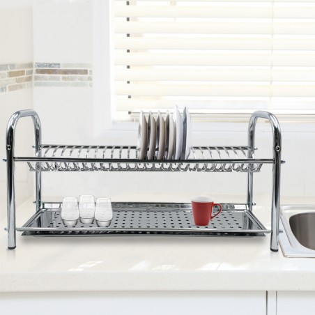 Scolapiatti Fisso da Appoggio in Acciaio Inox 80cm con Vaschetta Raccogli Gocce