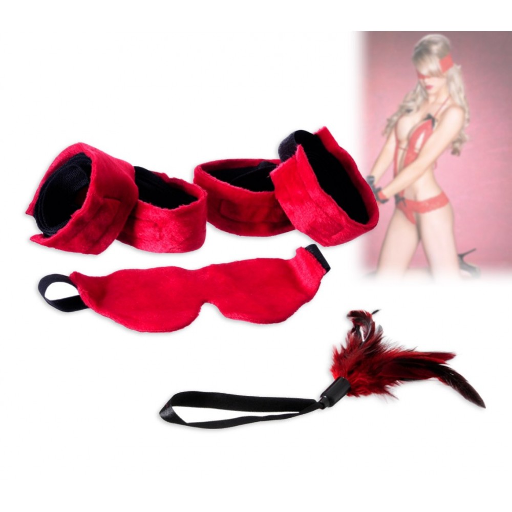 Set di 4 accessori sadomaso sexy Premium gioco bondage di coppia rosso con manette e mascherina in velluto 