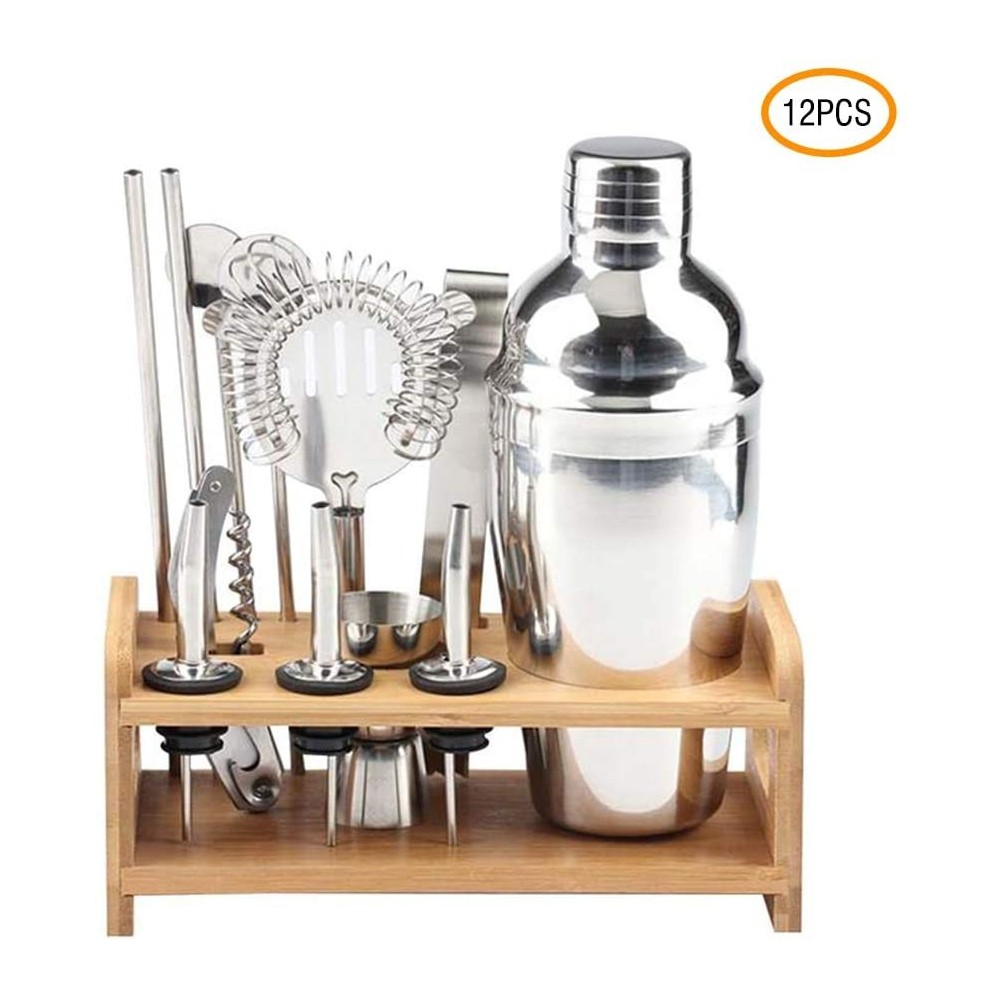 Kit da Barman 12 + 1 Pz 550ml 187561 Base di legno e Guida per cocktail acciaio