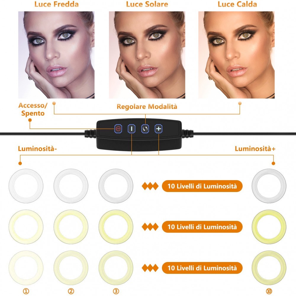 Anello 20 cm selfie LED con 2 supporti 730492...