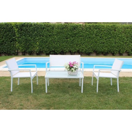 Salotto Giardino MISSOURI Divano Poltrone e Tavolino in Textilene 4 posti Bianco