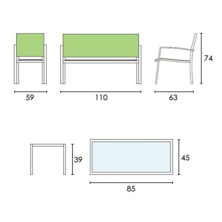 Salotto Giardino MISSOURI Divano Poltrone e Tavolino in Textilene 4 posti Bianco