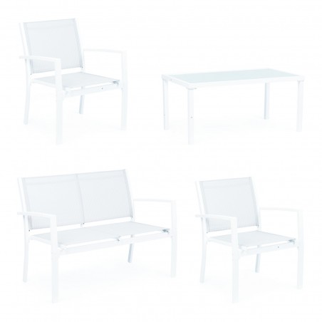 Salotto Giardino MISSOURI Divano Poltrone e Tavolino in Textilene 4 posti Bianco
