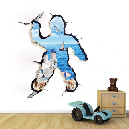 Adesivo decorativo con effetto in 3d "fuga al mare" sea wall sticker 3d effect per arredare con stile 70x100cm