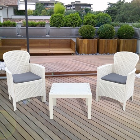Salottino per Interno ed Esterno AKITA Bianco polyrattan 2 poltrone e Tavolino