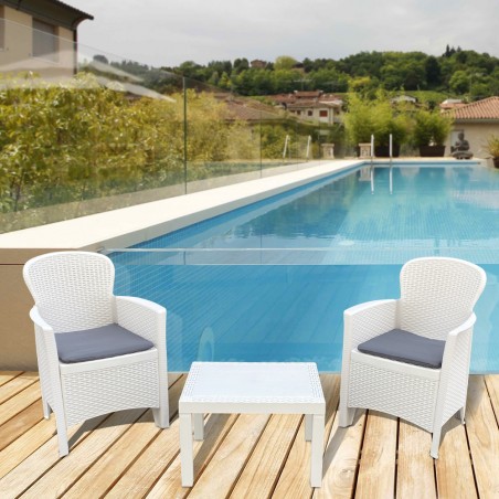 Salottino per Interno ed Esterno AKITA Bianco polyrattan 2 poltrone e Tavolino