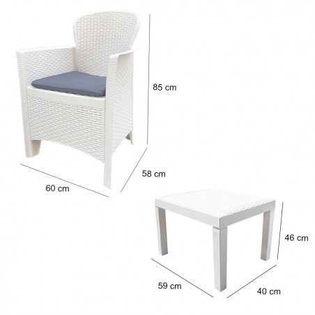 Salottino per Interno ed Esterno AKITA Bianco polyrattan 2 poltrone e Tavolino