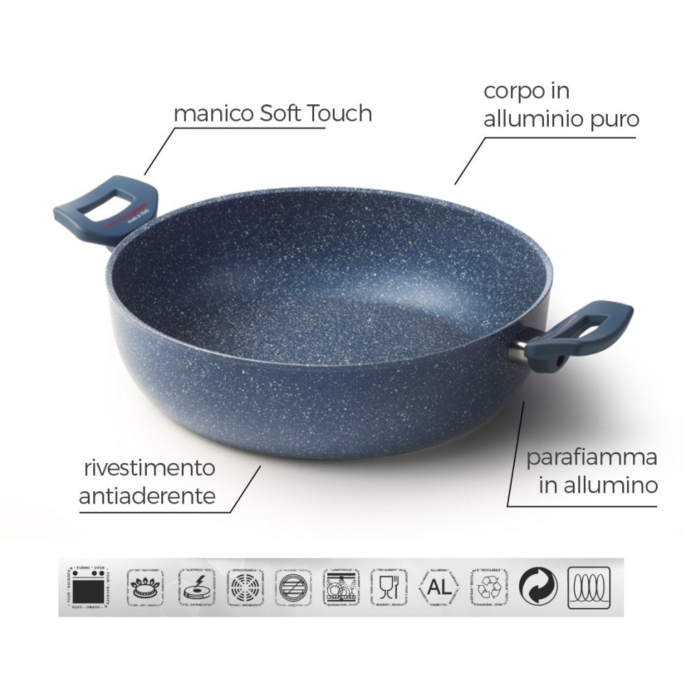 Tegame con due maniglie antiaderente 24 cm rivestimento Diamond Tech effetto pietra Accademia Mugnano GRANITO BLU