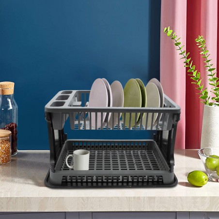 Scolapiatti Appoggio 570714 Plastica 2 Livelli Rattan per Lavello Cucina Grigio