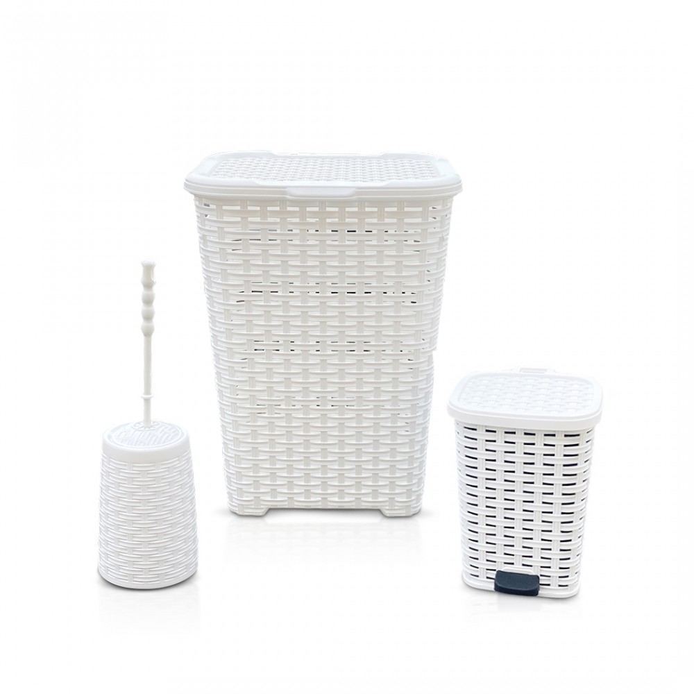 Set 3pz Accessori Bagno Rattan 304636 Cesto Biancheria Cestino Rifiuti  Scopino