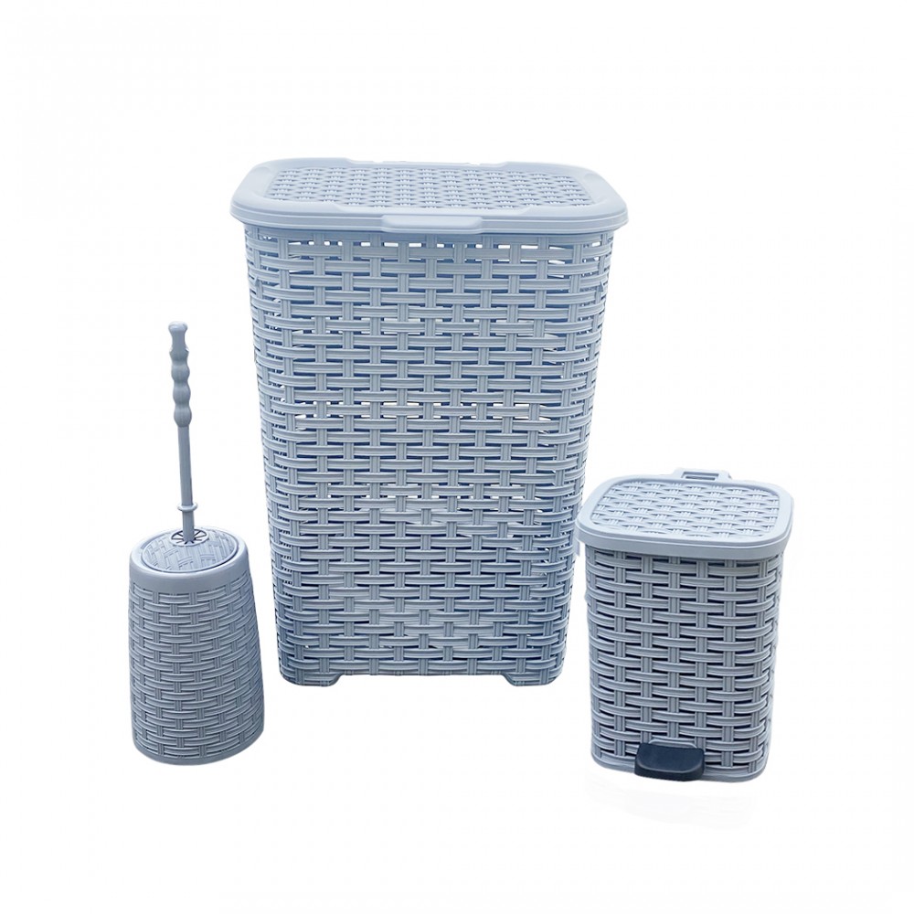 Set 3pz Accessori Bagno Rattan 304643 Cesto Biancheria Cestino Rifiuti Scopino