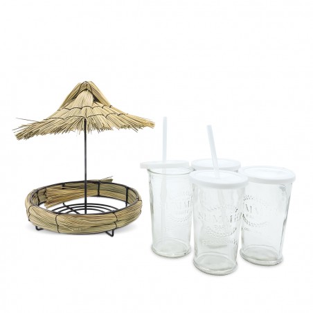Set 4 Bicchieri Cocktail 507711 in Vetro con Cannuccia Vassoio Vintage Paglia