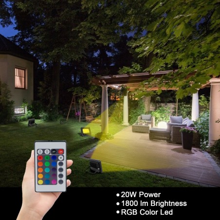 Faro Led RGB da Esterno 20W con Telecomando e Staffa per Parete Protezione IP65